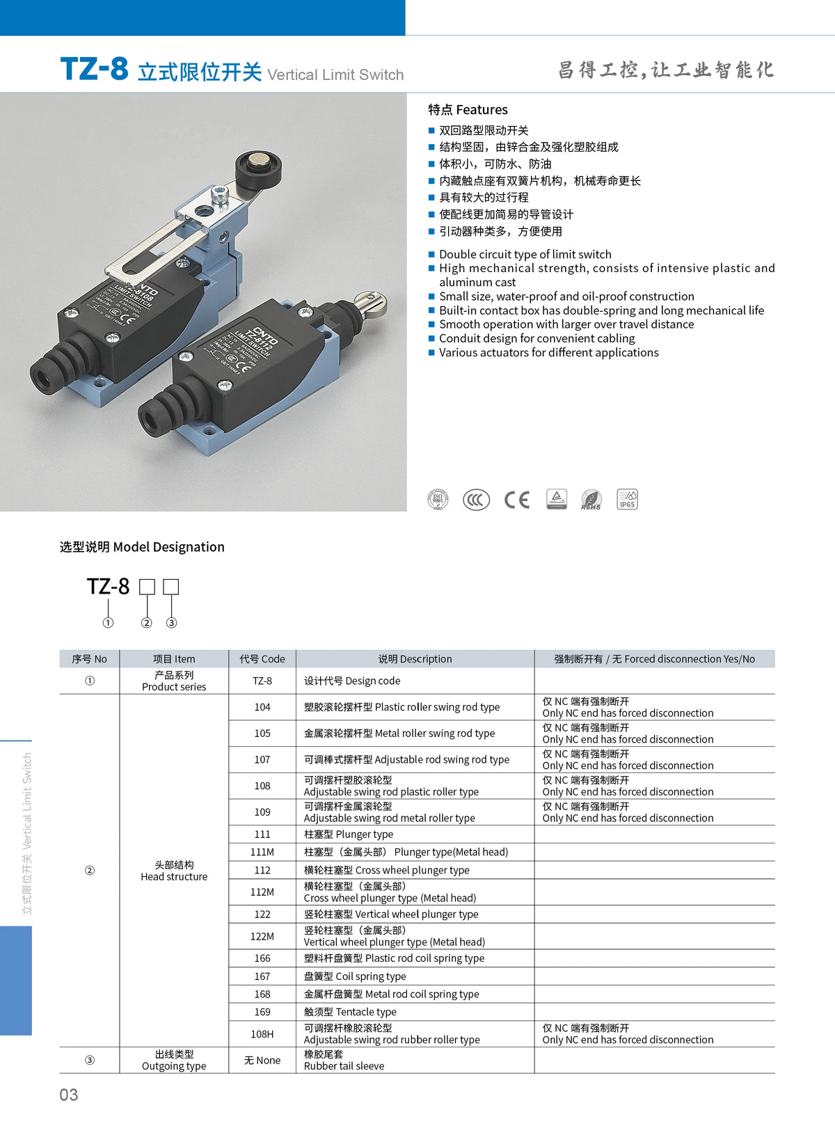 2Pcs CNTD TZ‑8 Series Micro Limit Travel Switch IP65 Waterproof 1NO+1NC 10A 250VAC Industrial Mechanical Position Switch