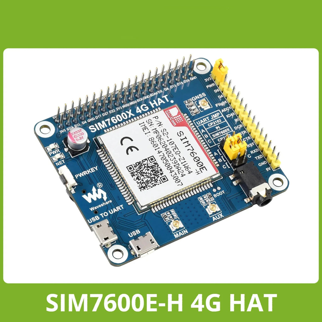 Waveshare SIM7600E-H 4G HAT for Raspberry Pi 5/4B/3B/Zero, Raspberry Pi LTE Cat-4 4G,GNSS,Europe,Southeast Asia,West Asia,Africa