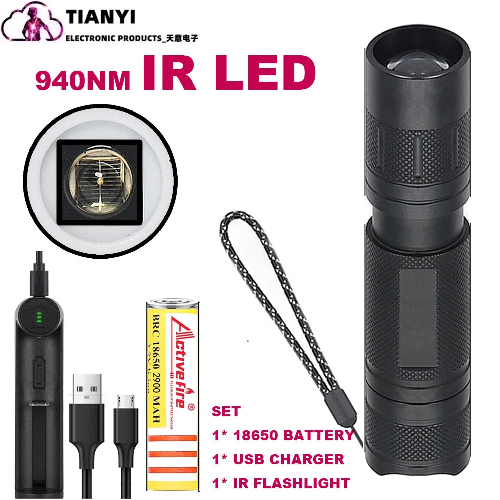 Professional Focus Night Vision Hunting Torch, Tactical Infrared Radiation Zoomable LED Flashlight, IR 850nm, 940nm, 10W