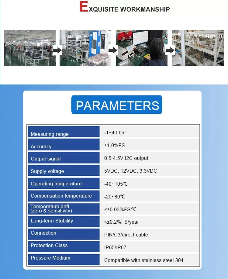 Mini Pressure Transmitter Built-in Devices IoT Industry SS304 NPT1/8 1% 5-12V 0.5-4.5V,3.3V for I2C 0.4-2.4V 1.2Mpa Small Sensor