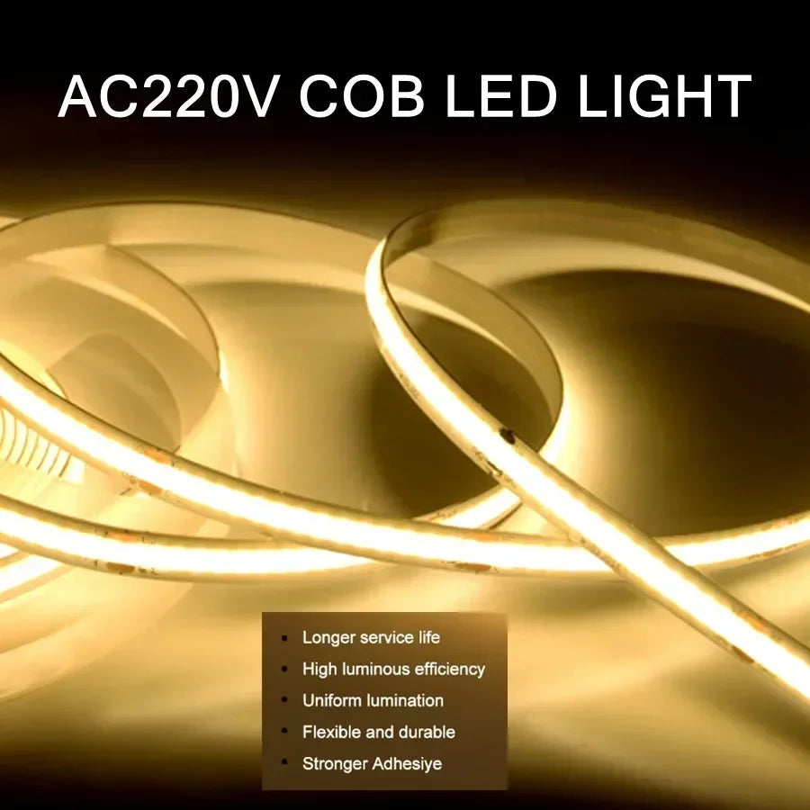 1-5m COB LED Strip 220V Flexible Tape Lights  Light Smart IC No Need Driver High Bright 240 LEDs Linear Lighting RA95 Warm White