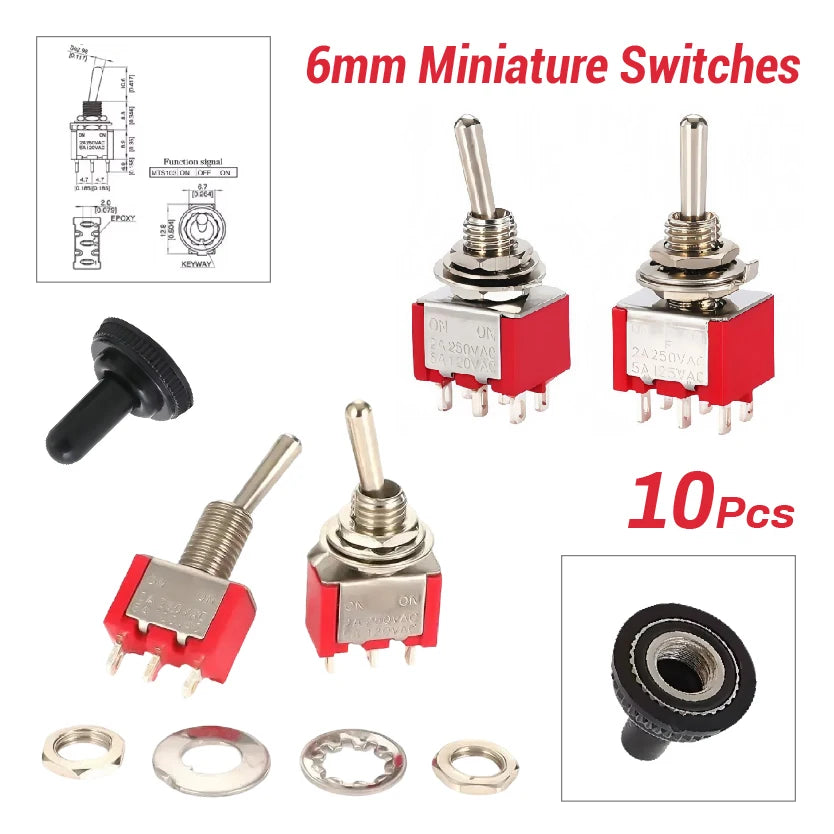 6mm Mini Toggle Switch MTS-102 103 202 203 SPDT ON-OFF-ON with Waterproof Cap 6A 125V/250V 3/6 Pin