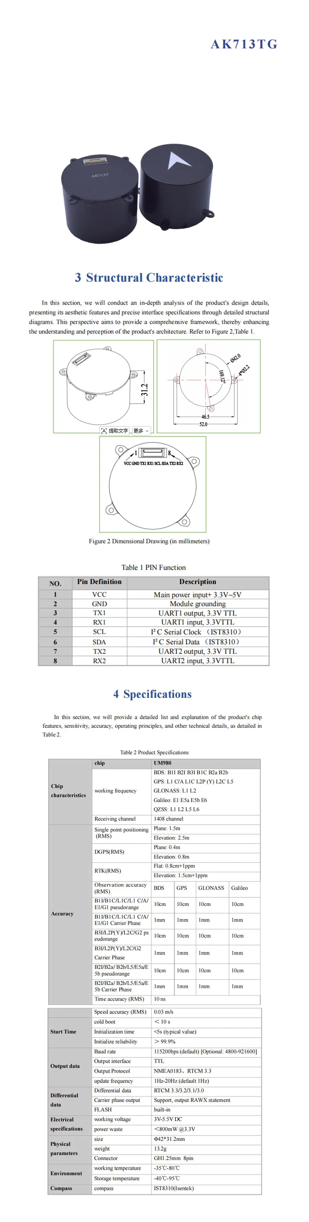 ZED-F9P/UM980/UM981/UM960/Beiyun M20 GNSS/GPS Centimeter-Level RTK Module with Helix Antenna Compass IST8310/RM3100,FOR UAV