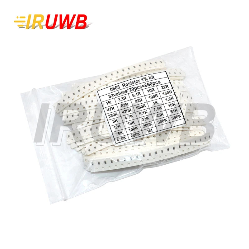 660pcs=1206 33valuesX 20pcs 0805 0603 0402 0201 SMD Resistor Sample Assorted Kit 1ohm-1M ohm 1%