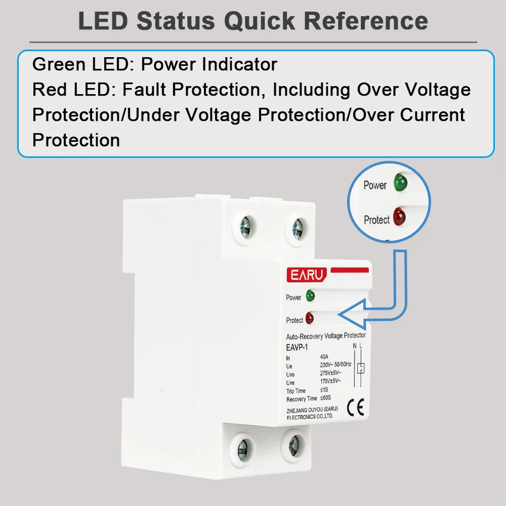EARU 40A 63A AC 230V 400V Din Rail Automatic Recovery Reconnect Over Voltage Under Voltage Protective Device Protection Relay