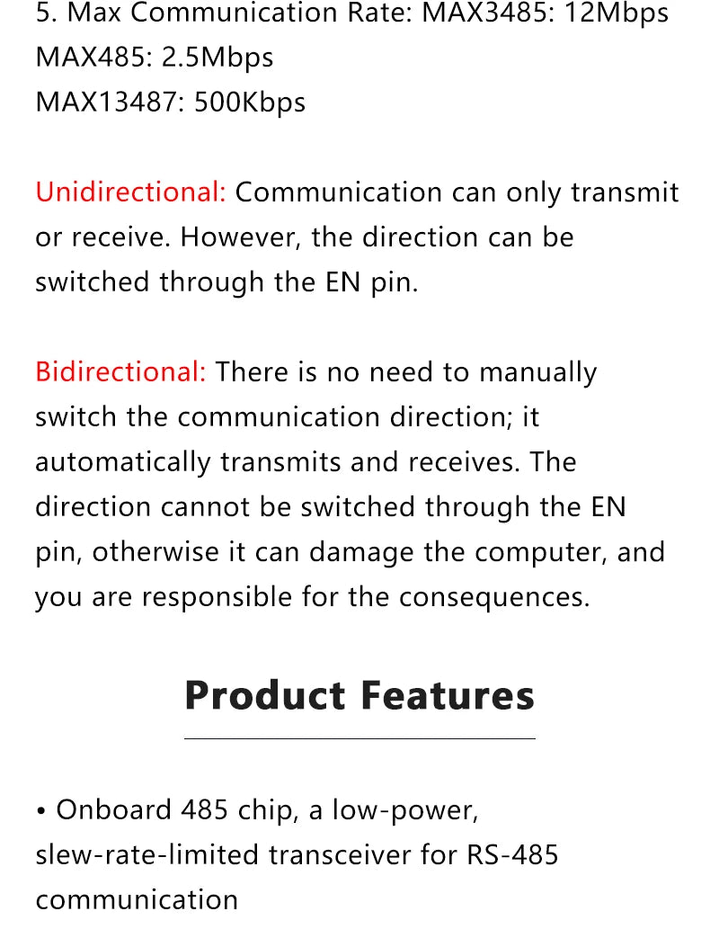 MAX485 MAX3485 MAX13487 MAX13488 TTL to RS485 Transceiver Module 3.3V/5V Unidirectional Bidirectional Serial Conversion Board