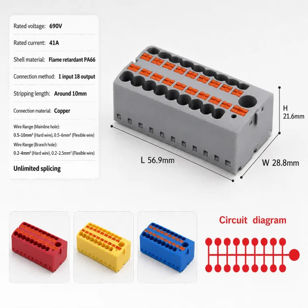 Distribution Terminal Block 1 In 12 Out DIN Rail Push In Electrical Connection Strip 41A 690V Copper Busbar Power Distributor