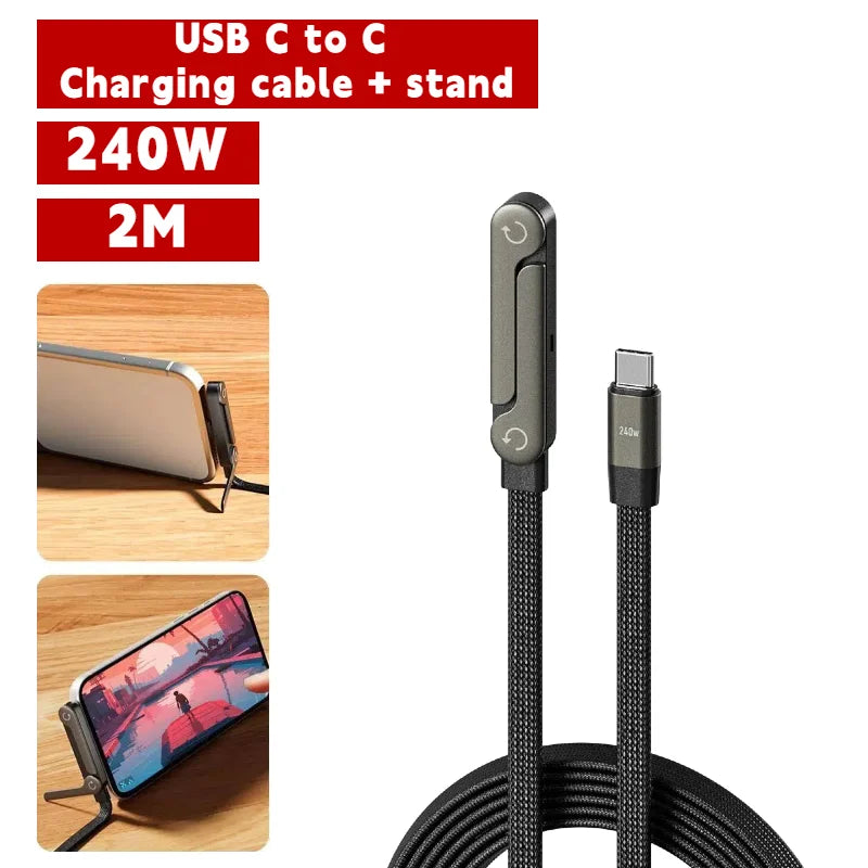 240W 2 in 1 USB C to USB C Fast Charging Foldable Bracket Data Cable Type C Desktop Holder Charging Wire For Iphone17 16 Samsung