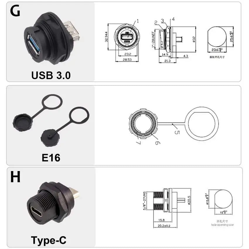 D Type Waterproof Chassis Connector USB Micro Type-C HDMI-compatible Female Converter Socket Panel Mount DIY Jack W/ Dust Cover
