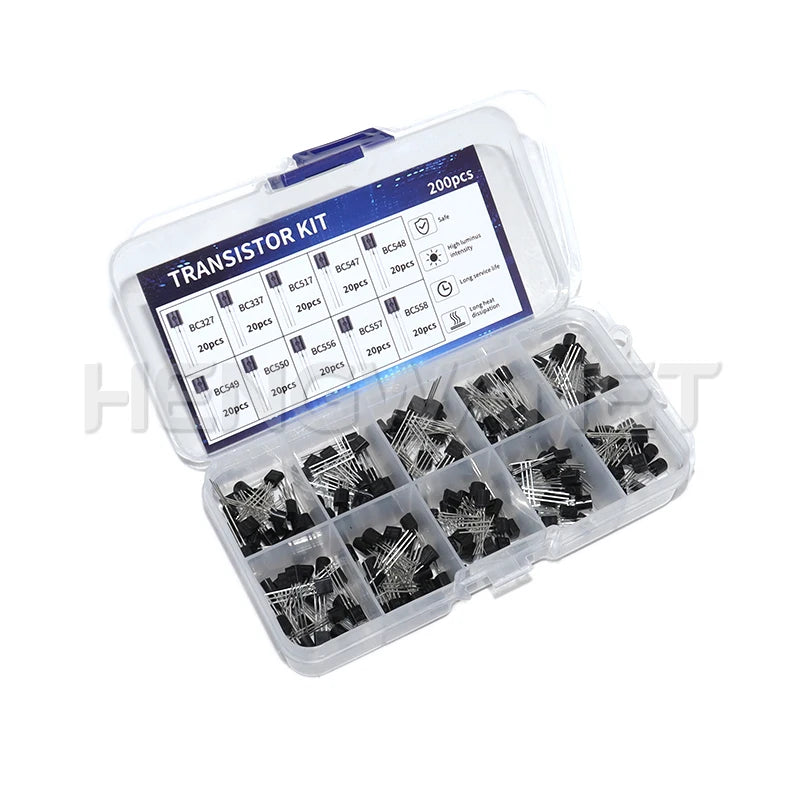 200pcs BJT Transistor Kit Bipolar Power Transistors A1015 BC327 BC337 C1815 S8050 S8850 2N2222 2N2907 2N3904 2N3906 PNP NPN