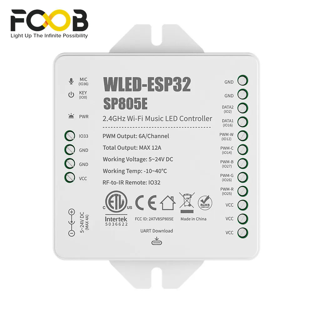 SP805E ESP32 WLED Controller WiFi Music LED Controller for Addressable WS2811 WS2812 WS2814 WS2815 SK6812 PWM CCT RGB Cob Strips