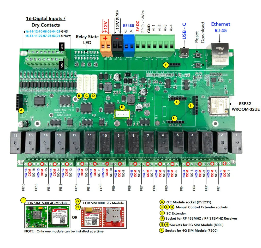 KC868-A16S 16CH ESP32 Relay Board Ethernet Wifi Switch MQTT TCP HTTP ESPhome Smart Home Assistant Tasmota 2/4G RTC DS3231 Module