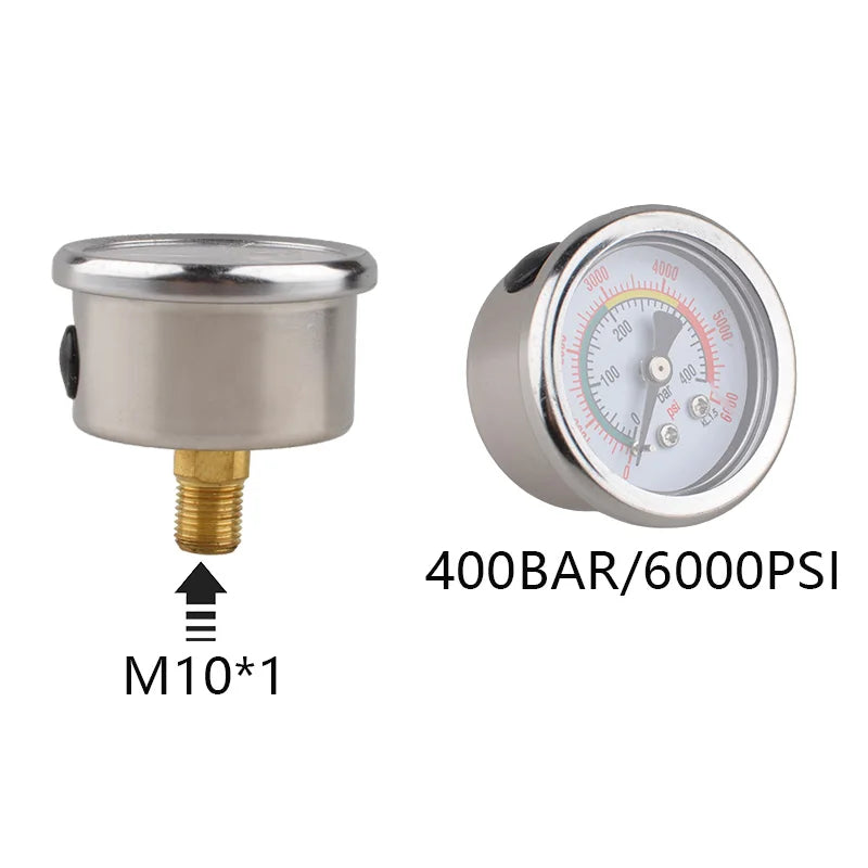 HPA M10*1 400BAR 6000PSI Air Pressure Gauge Stainless Steel Case Brass Thread Gas Manometer For Compressed Soda CO2 Air/Nitrogen