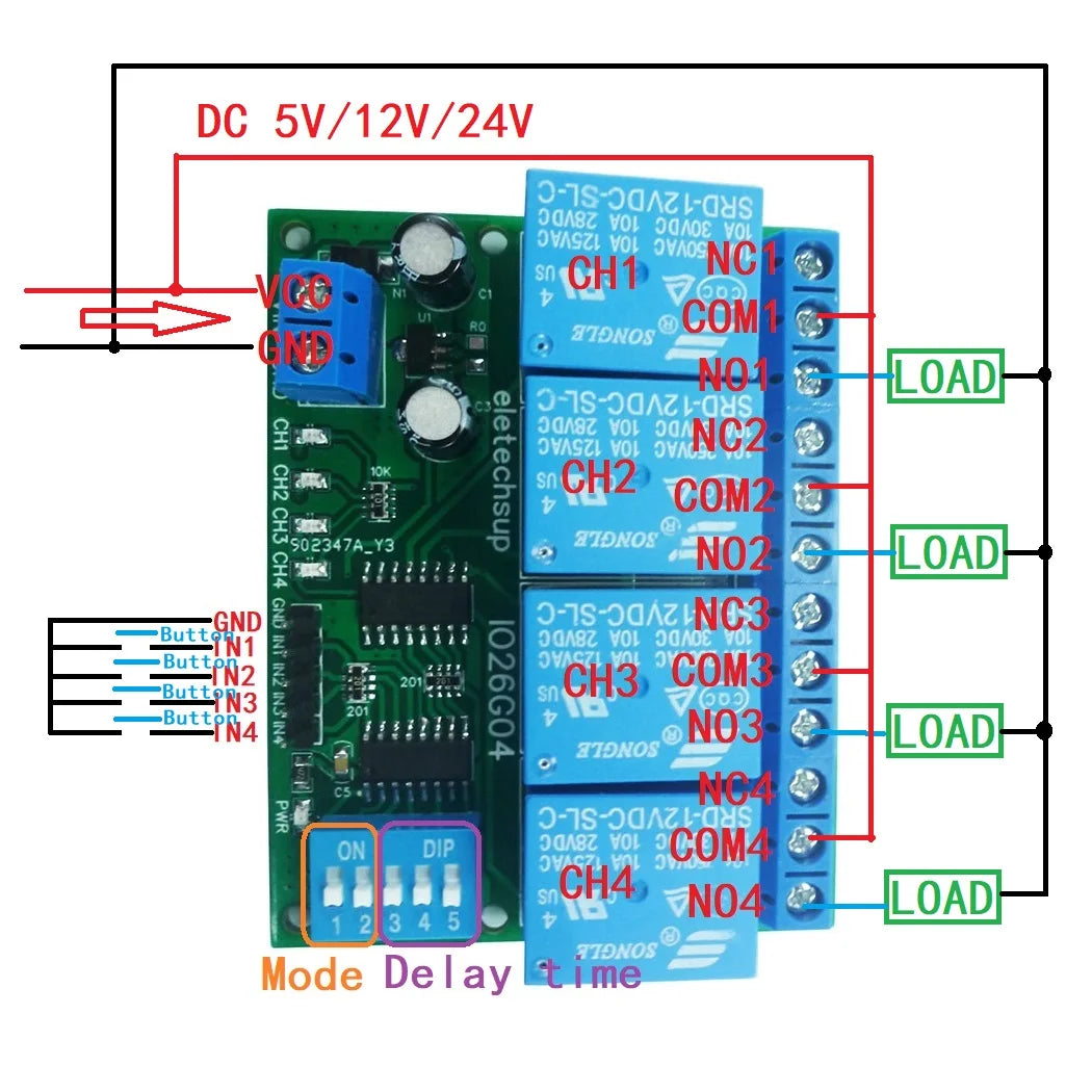 1 PCS 4ch DC 5V 12V 24V DIP Switch Delay Relay Module Flip-Flop Latch Bistable Self-locking Interlock Latch Power Conditioner