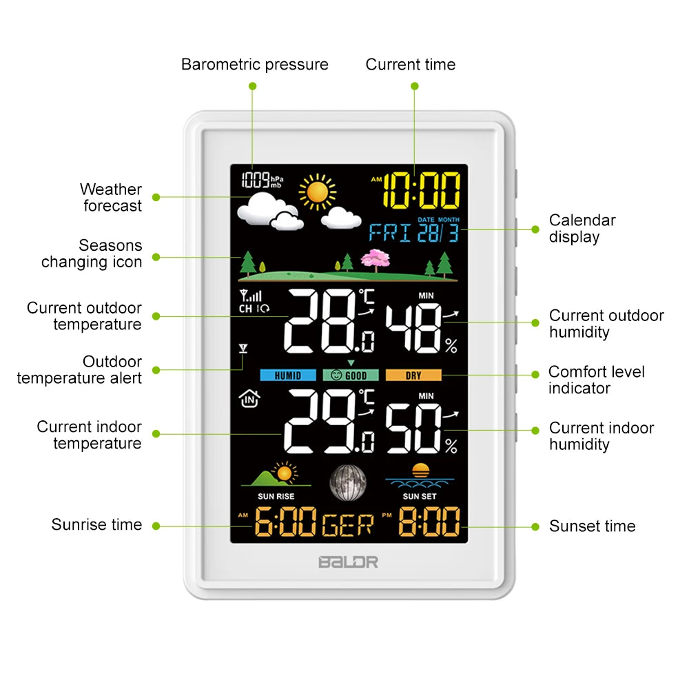 BALDR Wireless Color Weather Station DigitalThermometer Hygrometer Clock Calendar Barometer Sun Time Forecast Trend Sensor -40℃