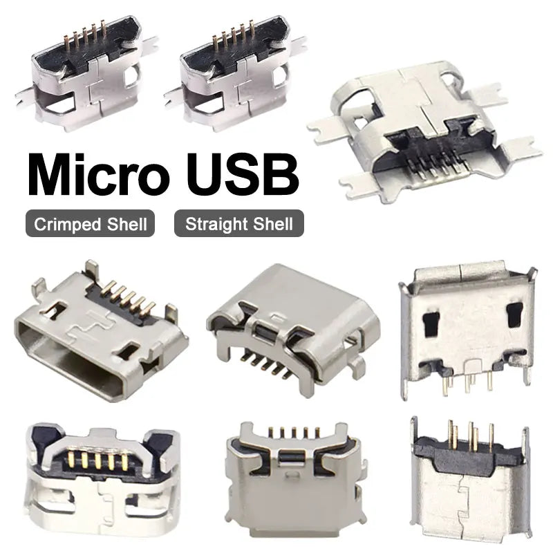 100/1000PCS Micro USB Android Female Charging Socket, Flat Edge Crimped Type, 5Pin, 4 Mounting Pins, SMD & DIP Tail Connector