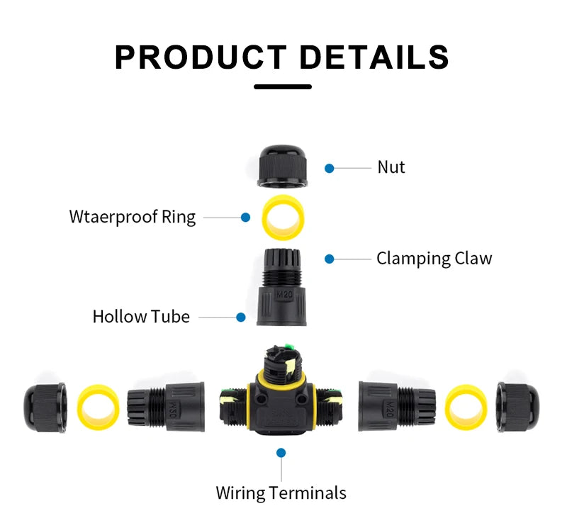 IP68 M20T Quick Outdoor Waterproof T Shape Connector 2/3 Pin Screw Electric Wire Terminal Adapter Home For LED Lighting 16A/380V