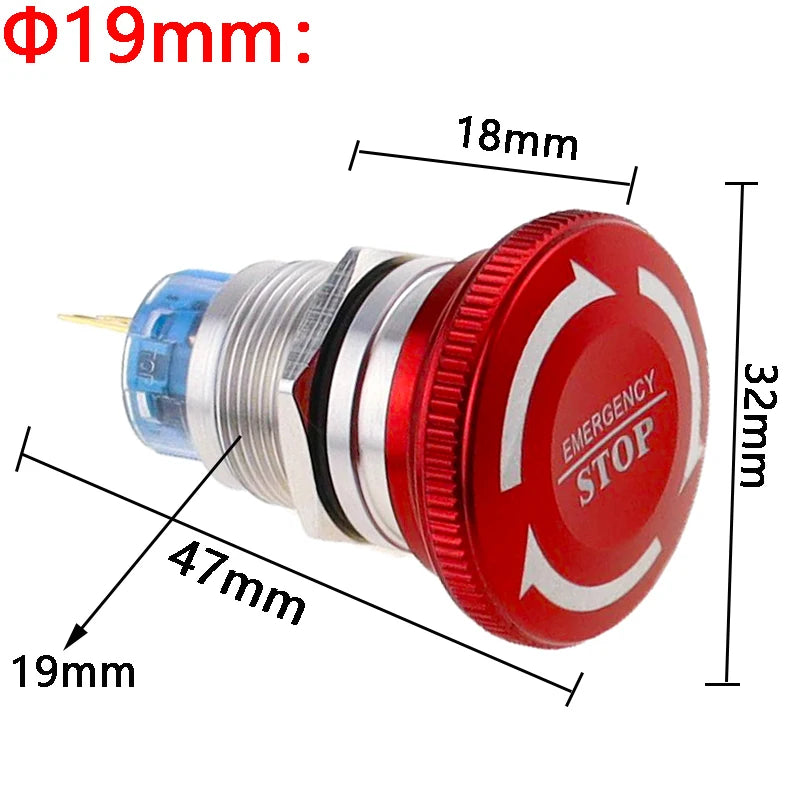 1pc 16mm 19mm 22mm Waterproof Metal Latching Emergency STOP Mushroom Push Button Switch Button Switch Knob Rotary Switch
