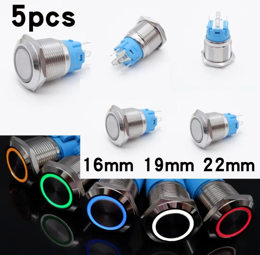 5pcs Metal Push Button Switch Ring Lamp 16mm 19mm 22mm Waterproof LED Light On Off Momentary Latching 5v 12v 24v 220v Red Blue