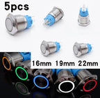 5pcs Metal Push Button Switch Ring Lamp 16mm 19mm 22mm Waterproof LED Light On Off Momentary Latching 5v 12v 24v 220v Red Blue