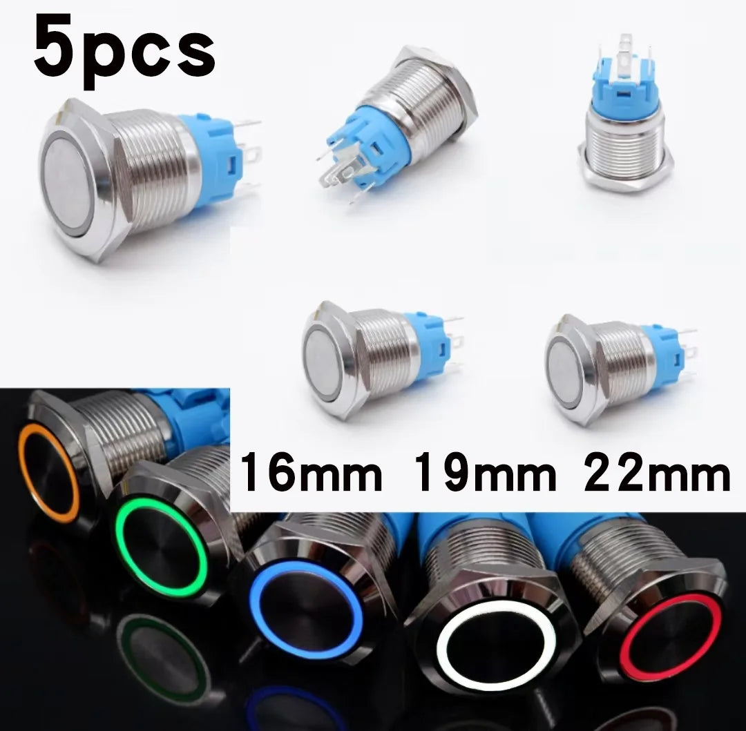 5pcs Metal Push Button Switch Ring Lamp 16mm 19mm 22mm Waterproof LED Light On Off Momentary Latching 5v 12v 24v 220v Red Blue