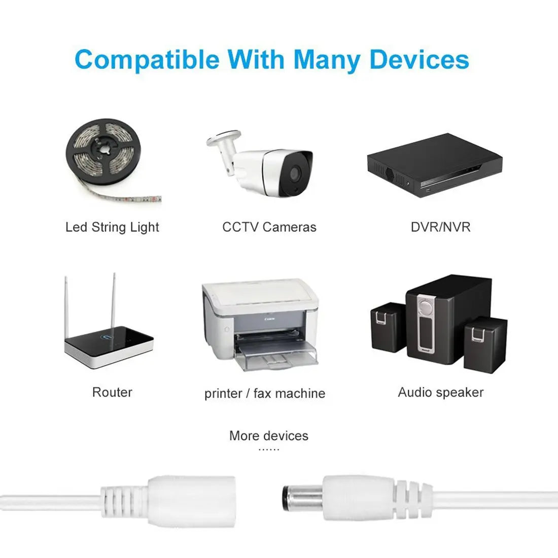 DC Power Extension Cable 12V White Cable Connector 2M 3M 5M 10M 20M Extender Cord 2.1x 5.5mm Female to Male For LED Strip Camera