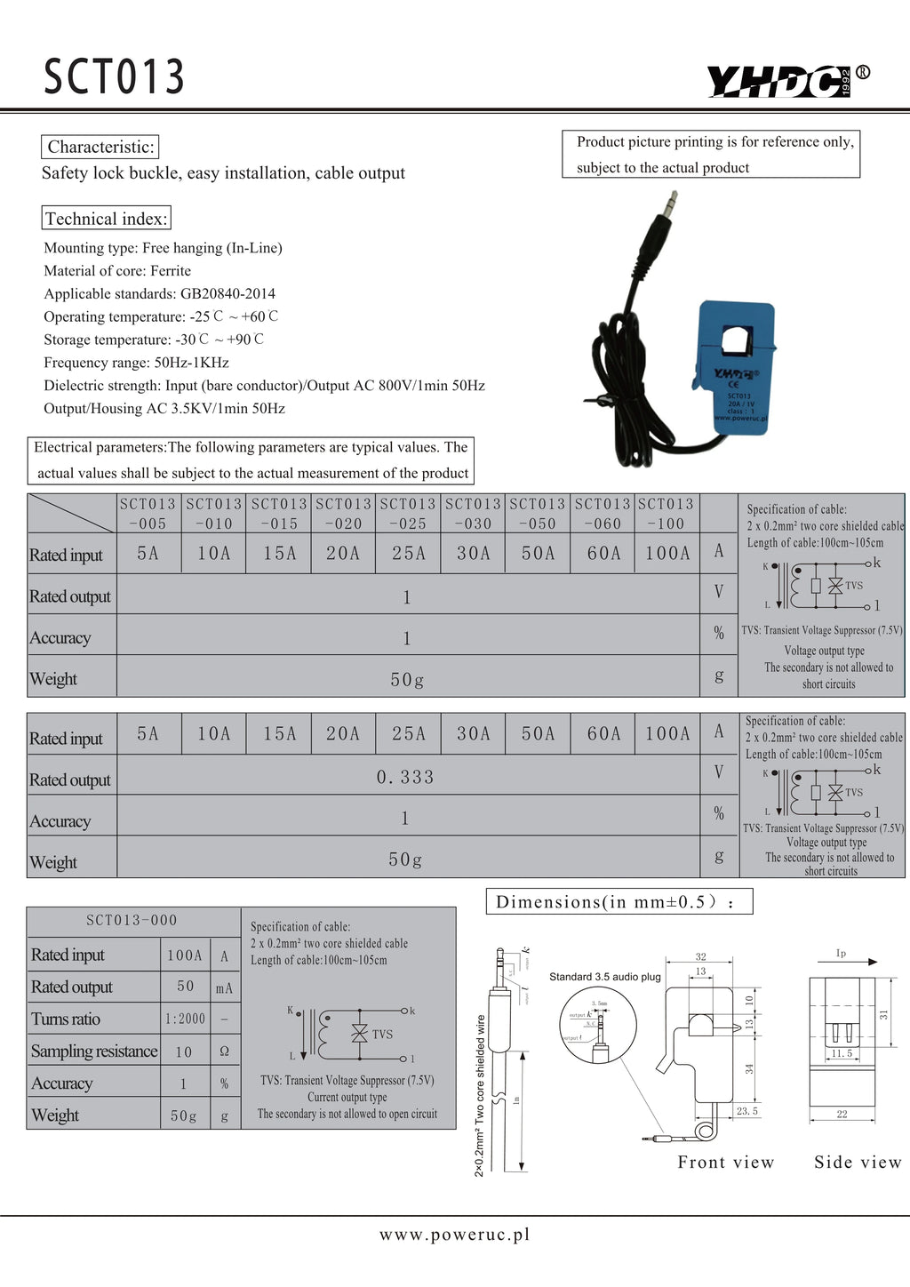YHDC SCT013  Input 100A Output 50mA Accuracy 1% Suspension Split Core Current Sensor AC Transformer