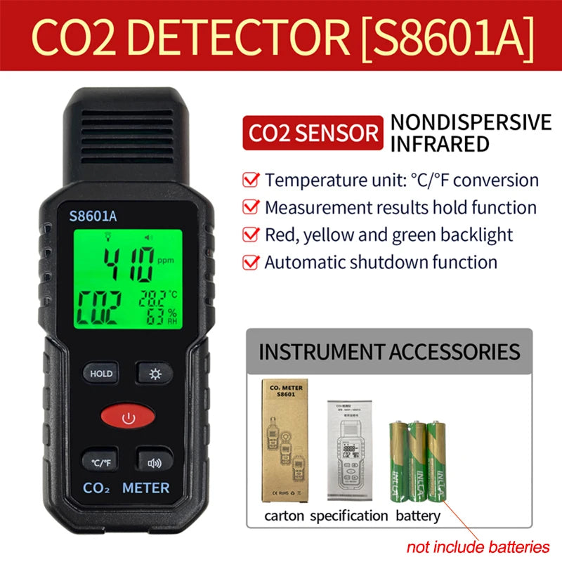 Indoor CO2 Meter Carbon Dioxide Sensor & Alarm NDIR Air Quality Monitor with Temp Humidity LCD Portable High Precision Detector