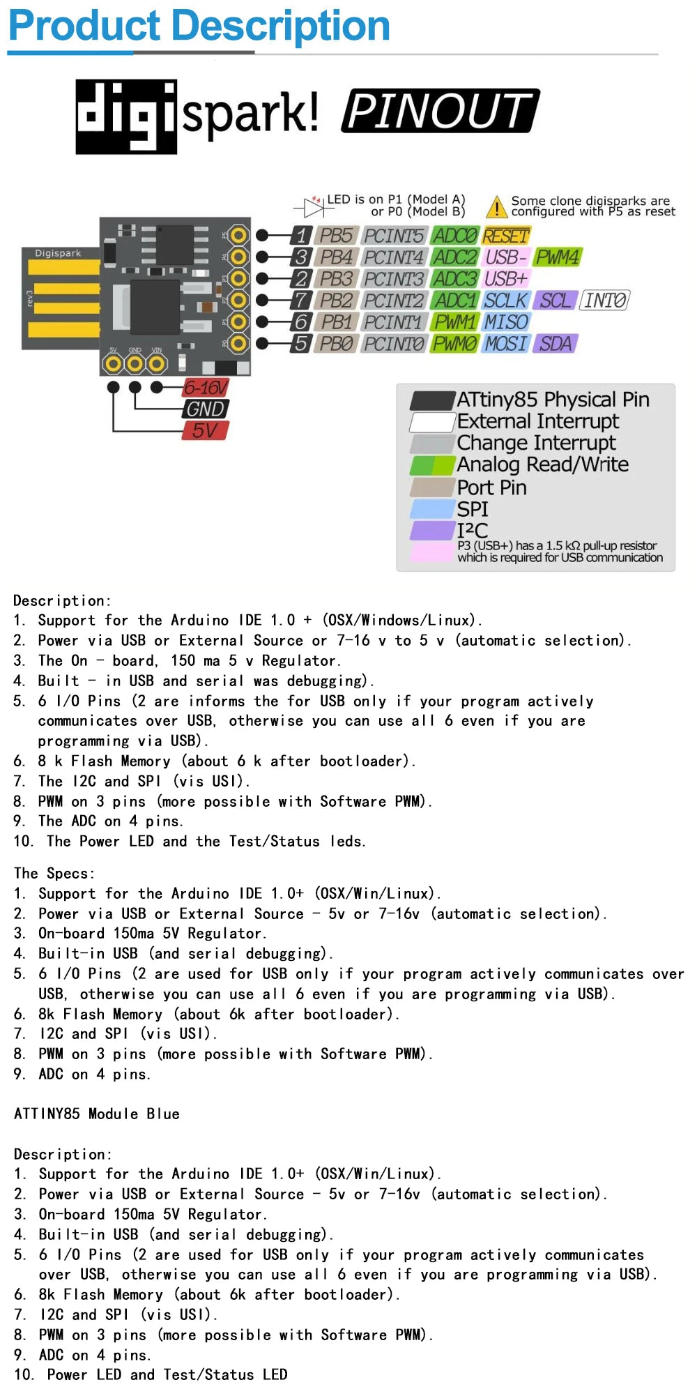 Digispark Kickstarter Micro Development Board ATTINY85/TINY85 Module for Arduino IIC I2C USB