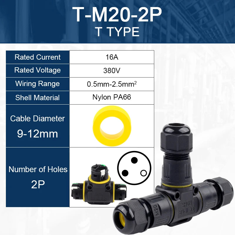 IP68 M20T Quick Outdoor Waterproof T Shape Connector 2/3 Pin Screw Electric Wire Terminal Adapter Home For LED Lighting 16A/380V