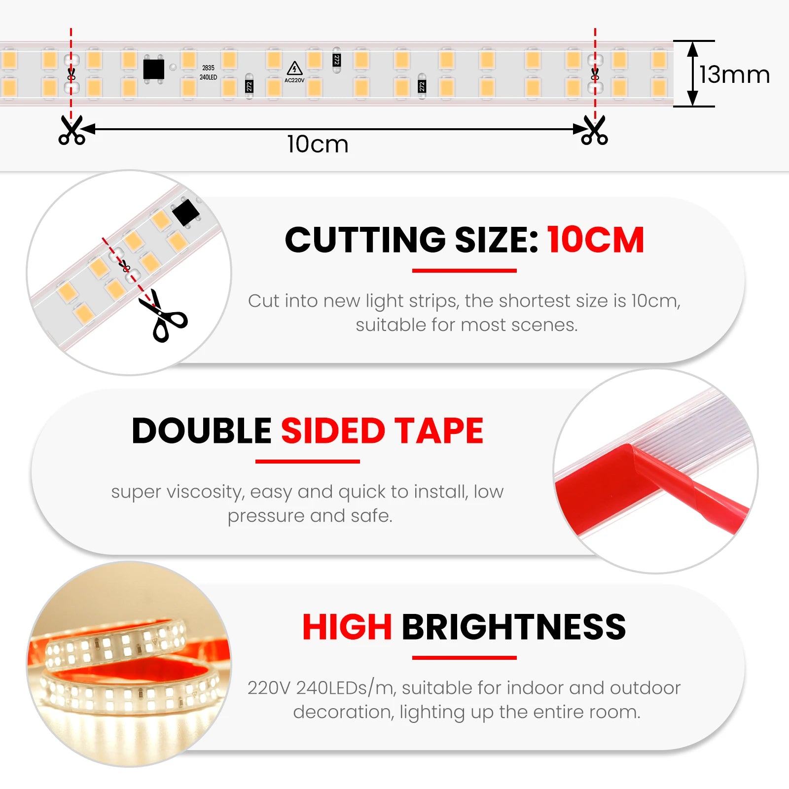 AC 220V LED Strip Waterproof 240Leds/M 3000K 4000K 6000K Home Decor Self Adhesive Tape Chain Light Flexible Ribbon Strip