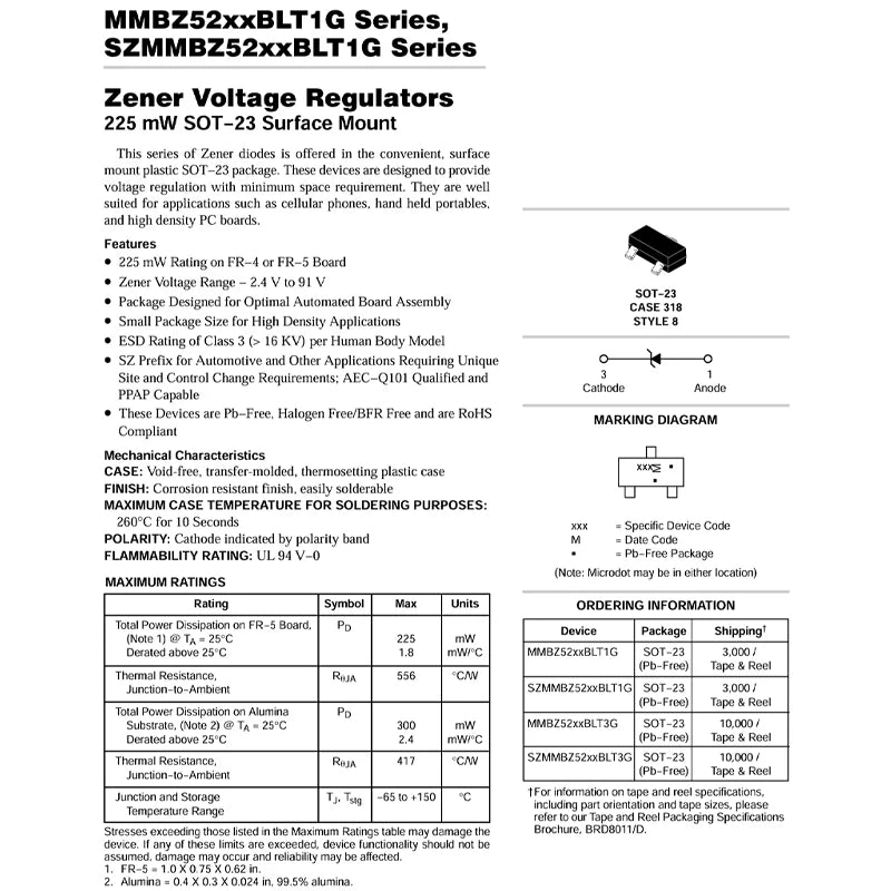 SZMMBZ5242BLT1G SOT23 Code 8S Zener Diode Stand-alone 12V/225mW Zener Voltage Regulator