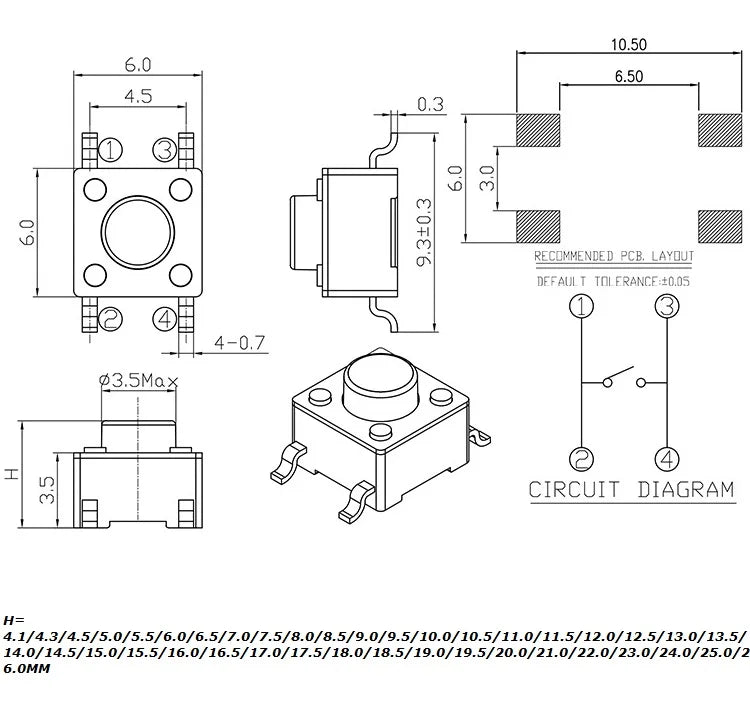 50pcs Momentary Tactile Push Button Click Switch 6X6mm H=4.3/4.5/5/6/7/8/9/10/13mm~25mm 4Pin SMT PCB Mounting