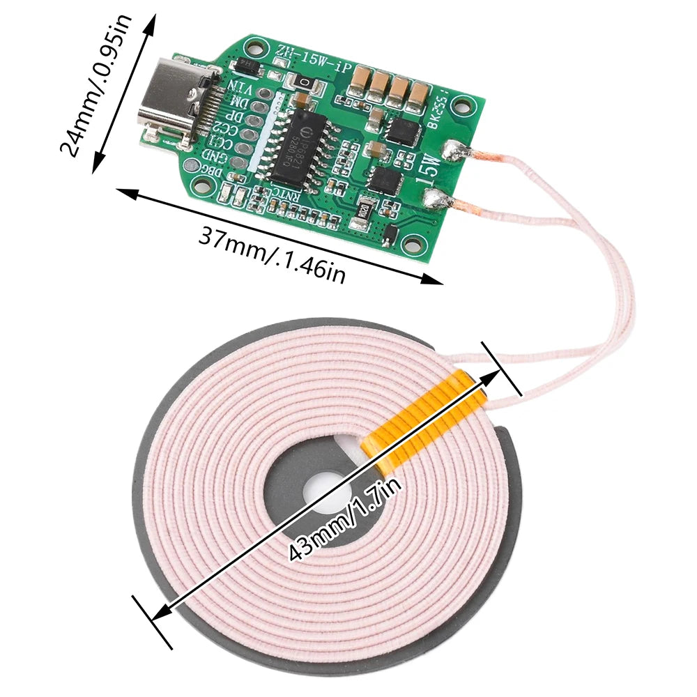 15W High-Power Wireless Charging Transmitter Module, with 5V/9V/12V DC Input, Type-C Port, and Pop-Up Display