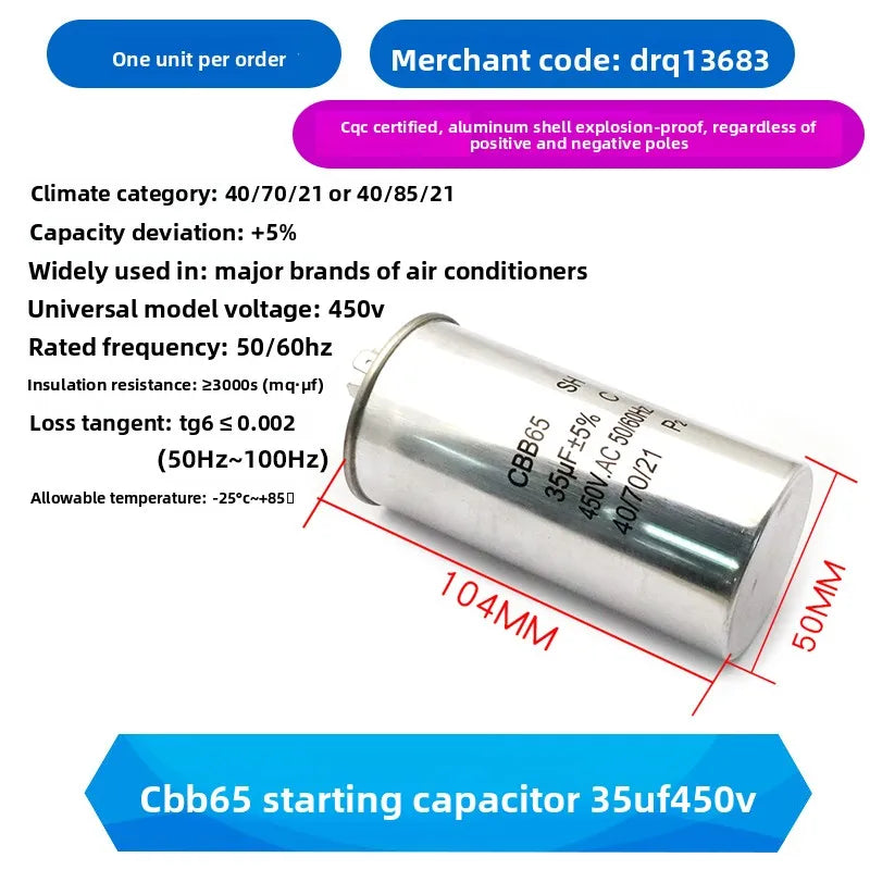 CBB65 AC Motor Capacitor Air Conditioner Compressor Start Capacitor 450VAC 5uF 20uF 25uF 30uF 35uF 40uF 45uF 50uF 60uF 70uF 5%