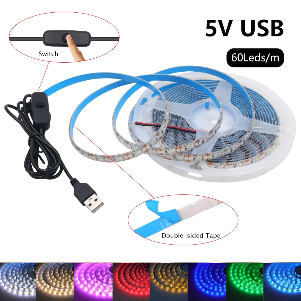 5V USB Led Strip Light SMD 2835 60Leds/m Flexible Ribbon Tape TV Background Lighting 1M 2M 3M 5M LED String Light Room Decor