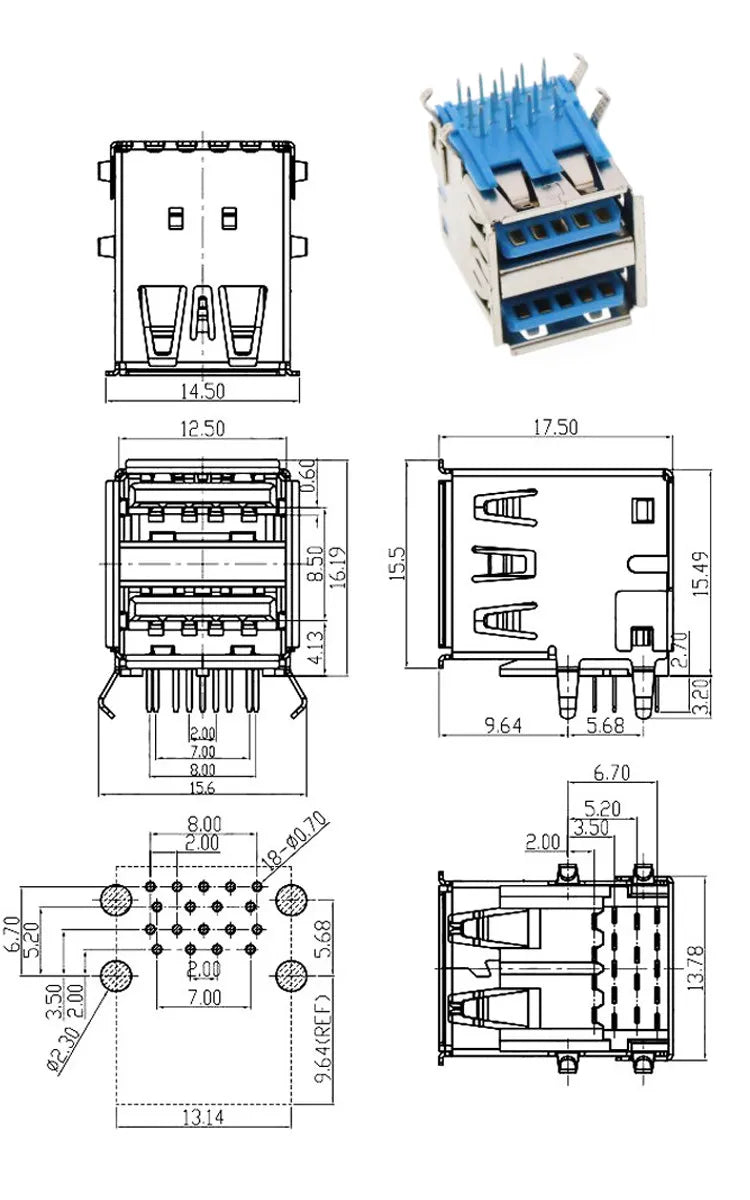 5PCS  USB Connector 3.0 A-type Female Socket AF Type 90 Degree Side Plug 180 Degree USB 3.0 B-port Printer Data