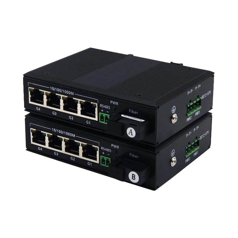 Industrial RS485 Serial Data to Ethernet Fiber Media Converter Transceiver with 4 Gigabit 10/100/1000Mbps RJ45 Port Optic Modem