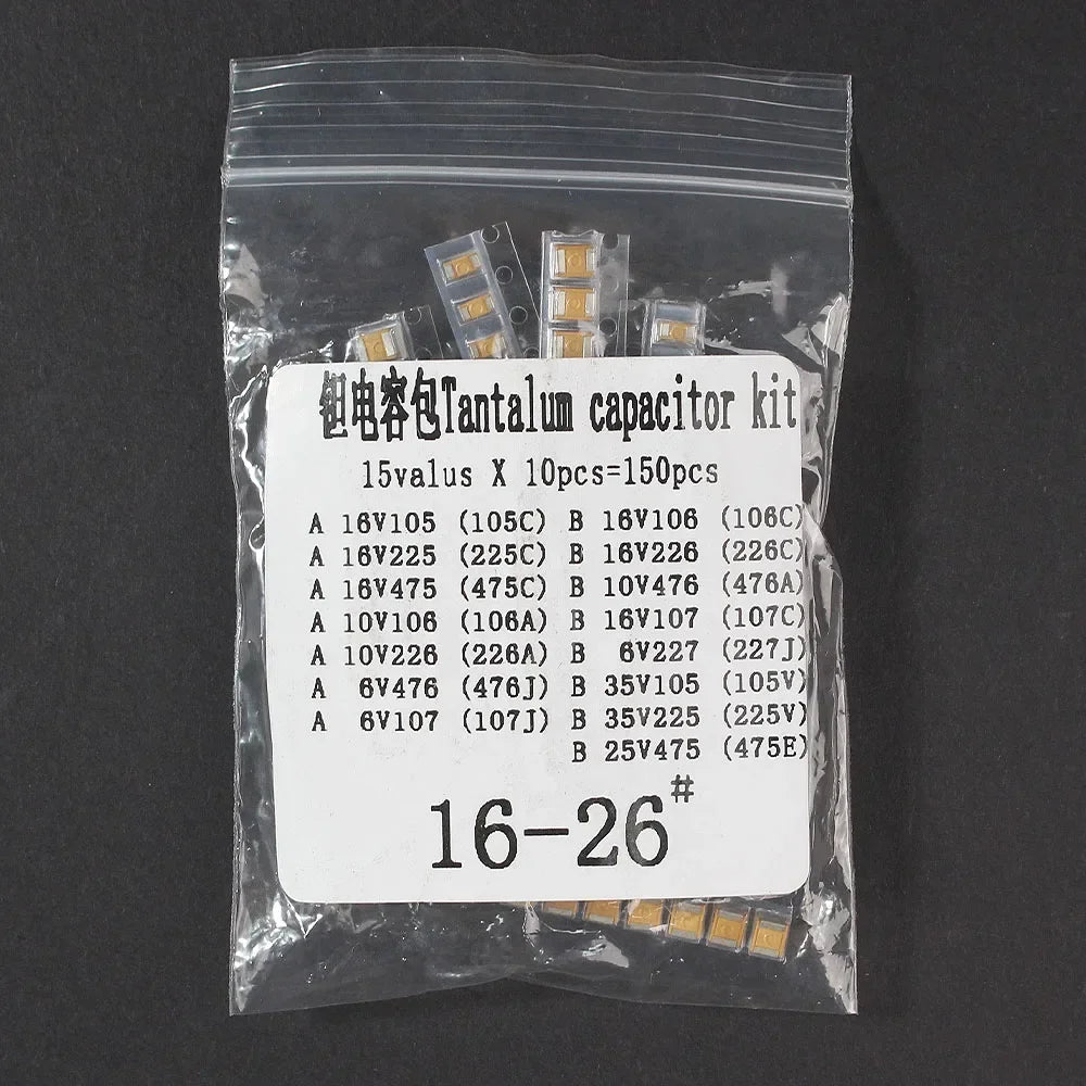 150PCS SMD Chip Tantalum Capacitor Combination Kit 1uf to 220uf A/B Case 15 Values Capacitors Tantalum Capacitors Kit