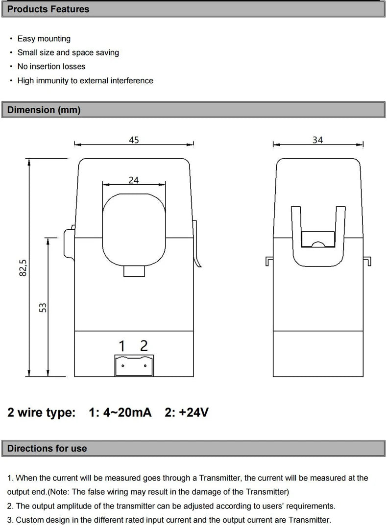 420mA Split core current transmitter QNDBK2-24 AC 50A 100A 20A 30A ct clamp current transformer current sensor 4 20mA