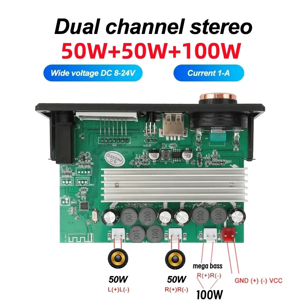 200W DIY Home Digital Amplifier MP3 Decoder Board 100W Audio Power Bluetooth 5.3 FM For Music Subwoofer Speakers Volume Control