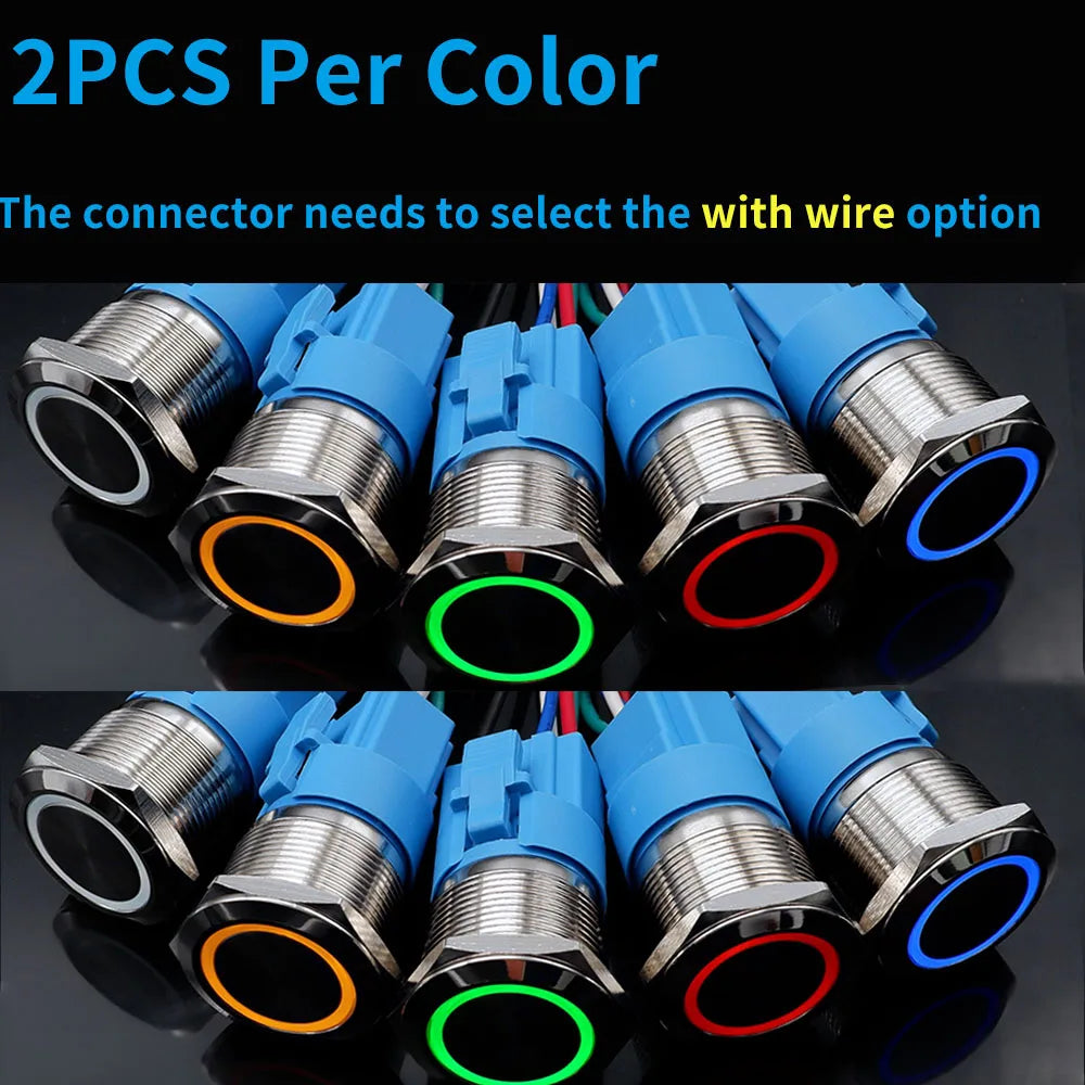 10PCS 16mm 19mm Metal Power Switch Button Flat Round LED Lamp Light Waterproof Latching /Self-reset Button Car Start Switch 12V