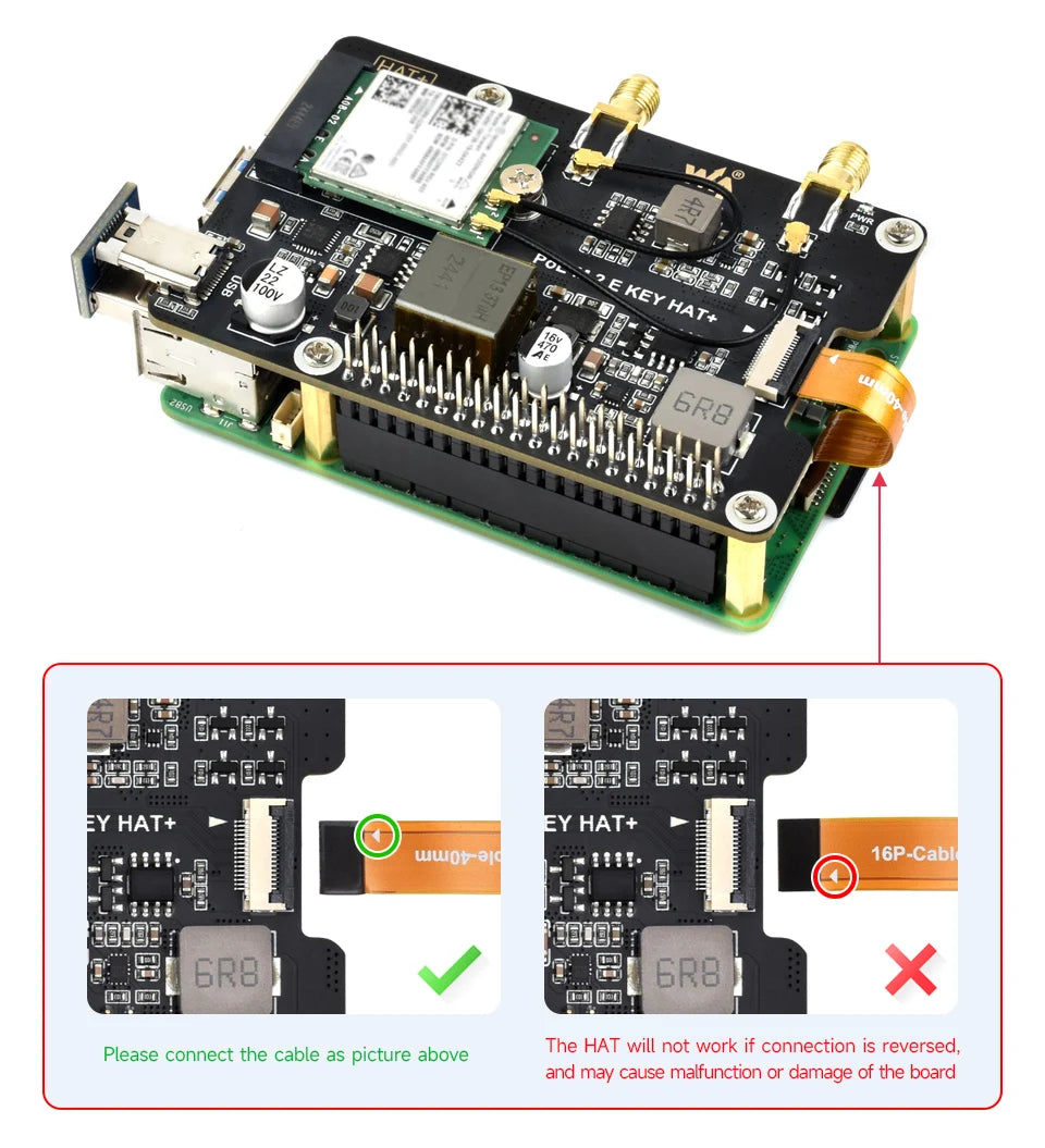 Waveshare PCIe To M.2 E KEY Adapter With PoE Function, Compatible With NGFF (M.2 E Key) Wireless NIC, Raspberry Pi 5 PCIe HAT