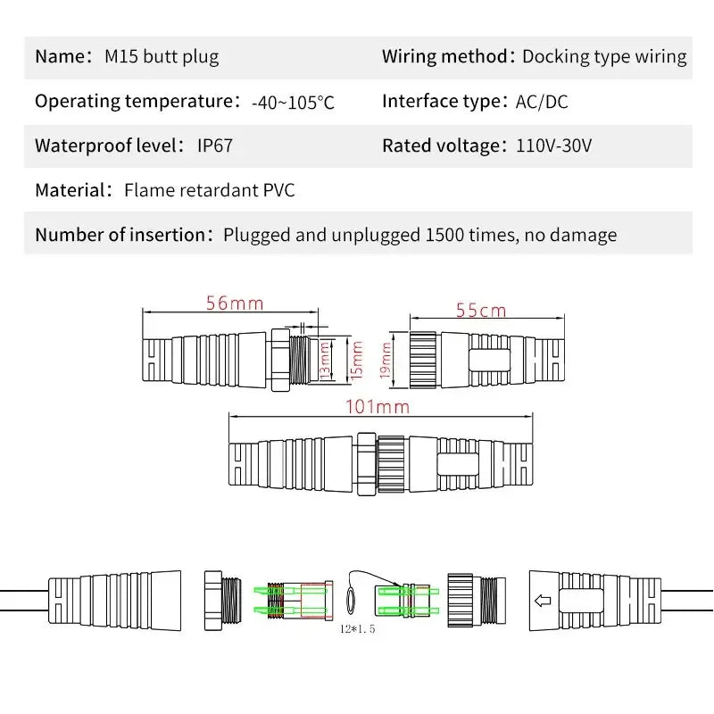 M15 Industrial Aviation LED Power Cord 2Pin 3Pin 4pin 5pin Waterproof Male Female Plug Connector AC/DC Automobile Plug-in IP67