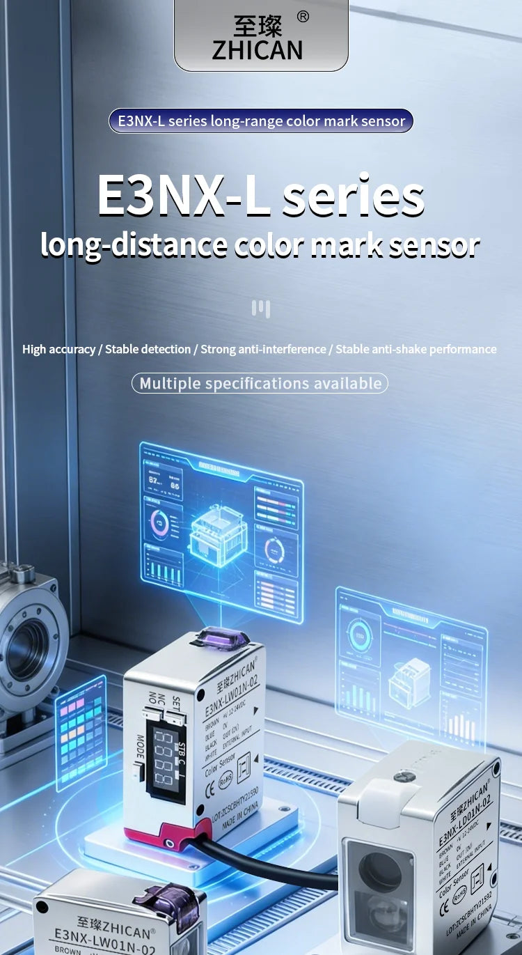 ZHICAN E3NX-L Color Mark Sensor 30-200mm Adjustable Sensing Distance High Precision Registration Detection Label Positioning