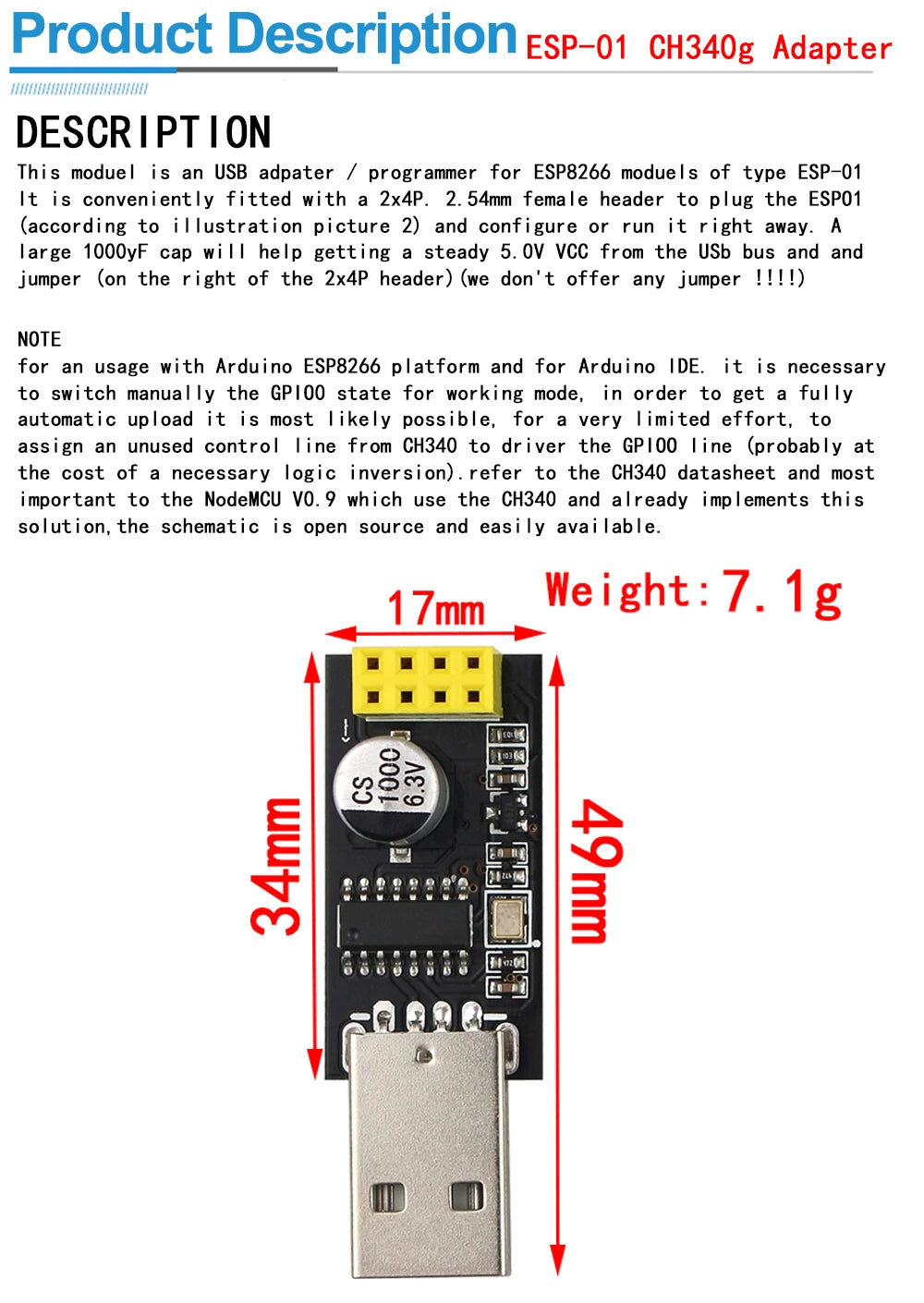 ESP01 Programmer Adapter UART GPIO0 ESP-01 Adaptater ESP8266 CH340G USB to ESP8266 Serial Wireless Wifi Developent Board Module