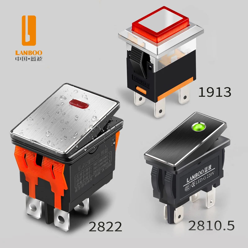 LANBOO High-End Quality Latching  Rocker Switch 20A 16Amp Current Push Button 2no2nc with LED 3-8V/9-24V/220V