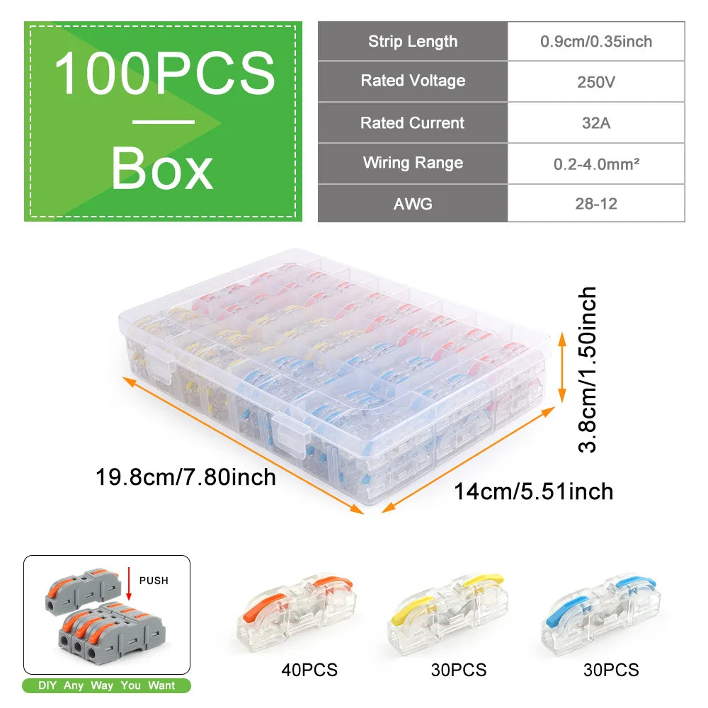 100Pcs 221 Series Boxed Lever Wire Connectors Quick Splicing Terminal Block 0.2-4mm² 32A 250V Electrical Cable Connector Set