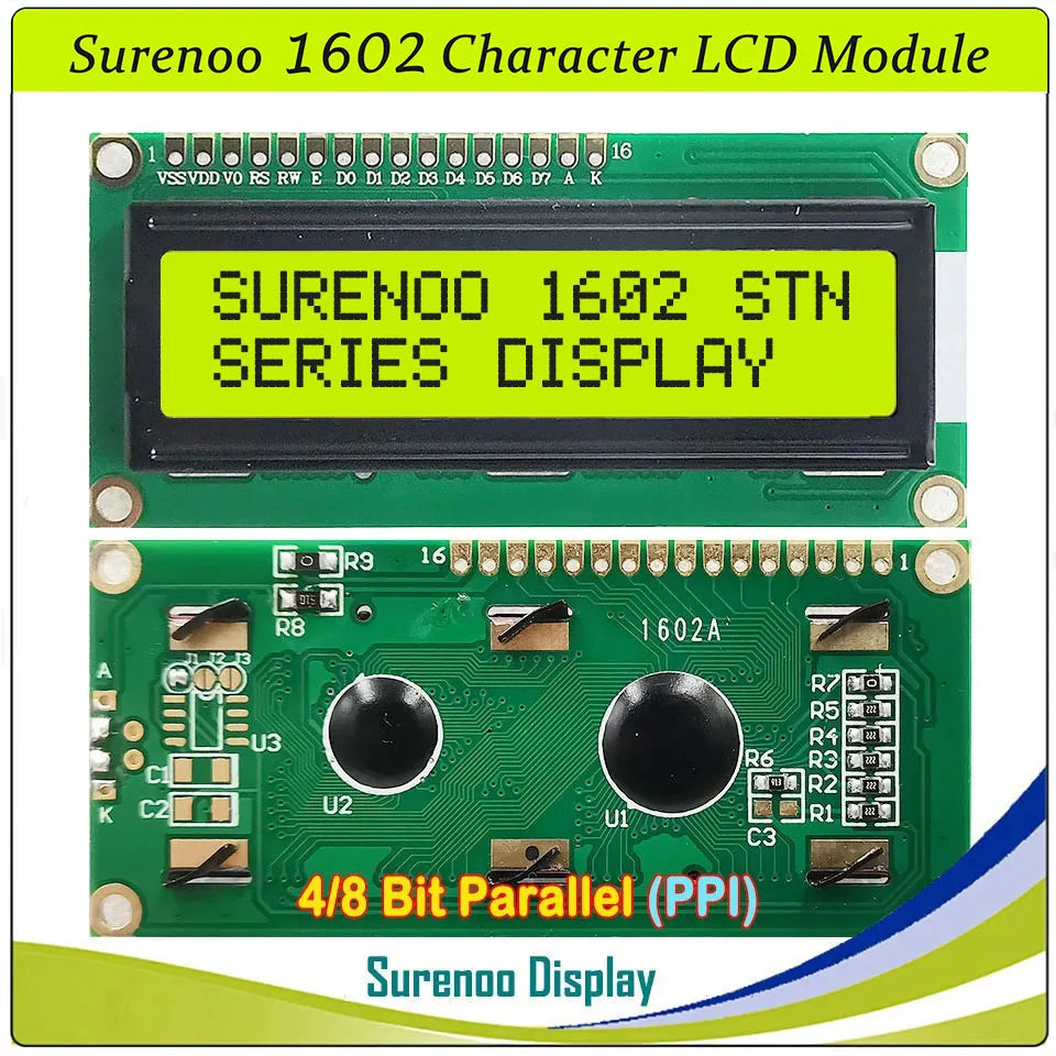 Surenoo 1602 16X2 162 5V 4-Bit 8-Bit Parallel Character LCD Module Display Screen Panel LCM STN Yellow Green Blue White Sky Blue