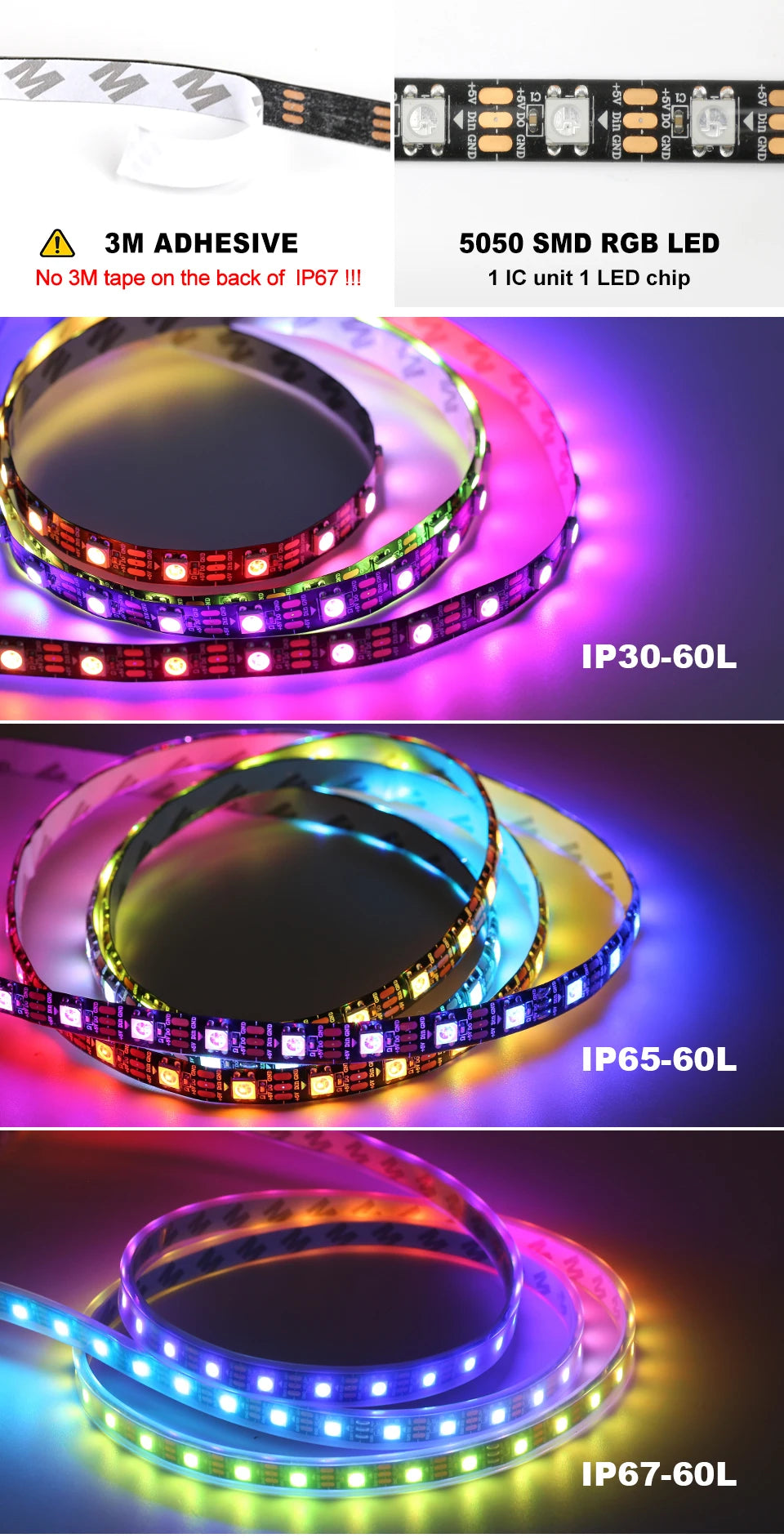 WS2812B Led Lights DC5V Smart RGB Led Strip Light Individually Addressable IC Magic Strip Light Black White PCB IP30/IP65/IP67